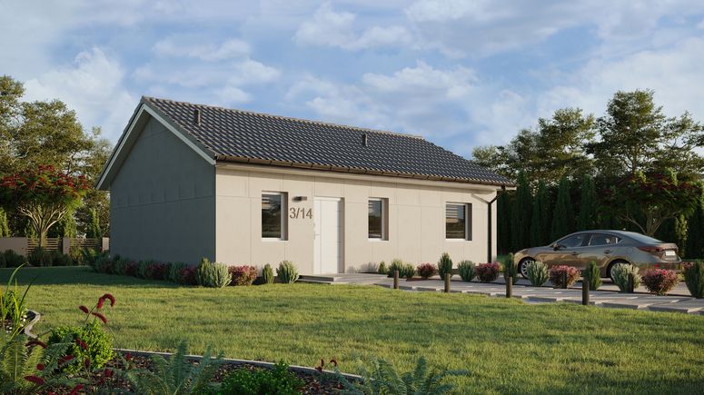 Projekt ERDOL 1 XL - Wersja prawa (salon po prawej stronie) - Dwuspadowy bez poddasza użytkowego – kąt nachylenia 25 stopni - Bez okien/świetlików dachowych - Okna standardowe - Bez styropianu, siatki i kleju - Biały - Bez instalacji fotowoltaicznej