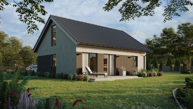 Projekt ERDOL 1 XL - Wersja prawa (salon po prawej stronie) - Dwuspadowy z poddaszem użytkowym – kąt nachylenia 35 stopni - Klatka schodowa - Bez okien/świetlików dachowych - Okna na poddaszu do podłogi - Styropian, siatka i klej - Antracyt - Bez instalacji fotowoltaicznej