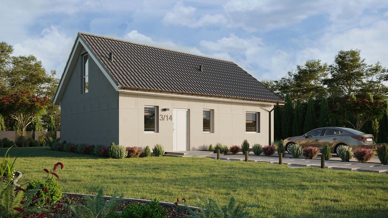 Projekt ERDOL 1 XL - Wersja prawa (salon po prawej stronie) - Dwuspadowy z poddaszem użytkowym – kąt nachylenia 35 stopni - Schody w salonie - Bez okien/świetlików dachowych - Okno balkonowe w jadalni i okna na poddaszu do podłogi - Bez styropianu, siatki i kleju - Biały - Bez instalacji fotowoltaicznej