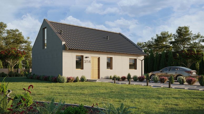 Projekt ERDOL 1 XL - Wersja prawa (salon po prawej stronie) - Dwuspadowy nowoczesny z poddaszem użytkowym – kąt nachylenia 35 stopni - Schody w salonie - Bez okien/świetlików dachowych - Okno balkonowe w jadalni i okna na poddaszu do podłogi - Bez styropianu, siatki i kleju - Winchester - Bez instalacji fotowoltaicznej