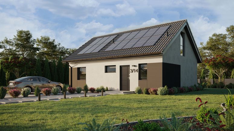 Projekt ERDOL 1 XL - Wersja lewa (salon po lewej stronie) - Dwuspadowy z poddaszem użytkowym – kąt nachylenia 35 stopni - Klatka schodowa - Okno dachowe pokojowe i łazienkowe - Okno balkonowe w jadalni i okna na poddaszu do podłogi - Styropian, siatka i klej - Antracyt - Instalacja fotowoltaiczna 6,4 kWp (16 paneli)