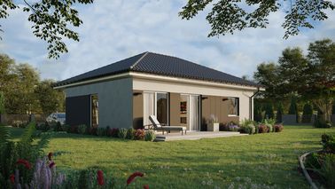 Projekt ERDOL 1 XL - Wersja prawa (salon po prawej stronie) - Czterospadowy bez poddasza użytkowego – kąt nachylenia 25 stopni - Bez okien/świetlików dachowych - Okno balkonowe w jadalni - Styropian, siatka i klej - Biały