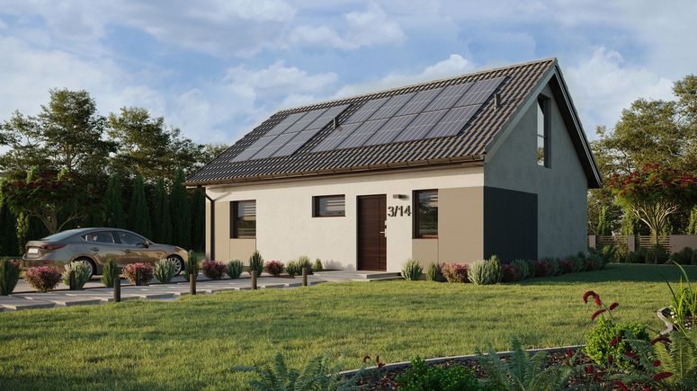 Projekt ERDOL 1 XL - Wersja lewa (salon po lewej stronie) - Dwuspadowy z poddaszem użytkowym – kąt nachylenia 35 stopni - Klatka schodowa - Okno dachowe pokojowe i łazienkowe - Okno balkonowe w jadalni i okna na poddaszu do podłogi - Styropian, siatka i klej - Orzech - Instalacja fotowoltaiczna 6,4 kWp (16 paneli)