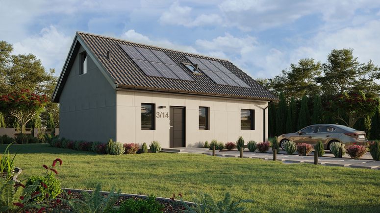 Projekt ERDOL 1 XL - Wersja prawa (salon po prawej stronie) - Dwuspadowy z poddaszem użytkowym – kąt nachylenia 35 stopni - Schody w salonie - Okno dachowe pokojowe i łazienkowe - Okna standardowe - Bez styropianu, siatki i kleju - Antracyt - Instalacja fotowoltaiczna 4,8 kWp (12 paneli)