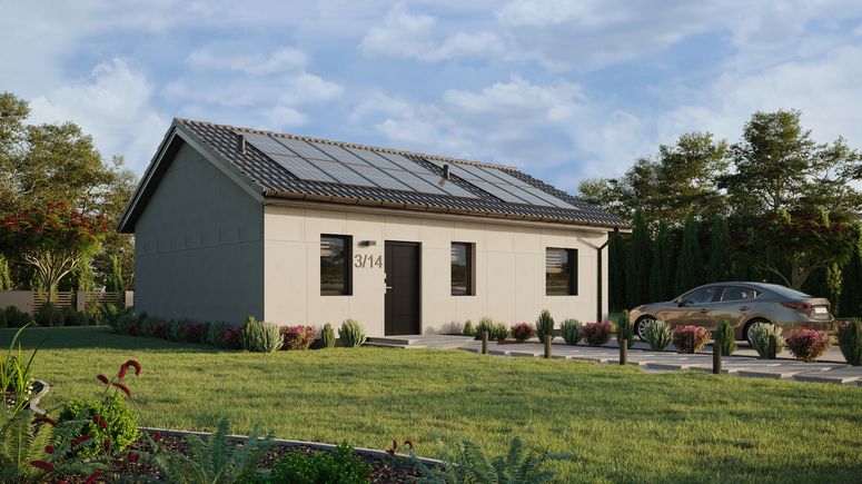 Projekt ERDOL 1 XL - Wersja prawa (salon po prawej stronie) - Dwuspadowy bez poddasza użytkowego – kąt nachylenia 25 stopni - Bez okien/świetlików dachowych - Okna standardowe - Bez styropianu, siatki i kleju - Antracyt - Instalacja fotowoltaiczna 6,4 kWp (16 paneli)