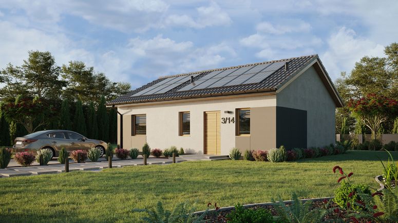 Projekt ERDOL 1 XL - Wersja lewa (salon po lewej stronie) - Dwuspadowy bez poddasza użytkowego – kąt nachylenia 25 stopni - Świetlik dachowy - Okna standardowe - Styropian, siatka i klej - Winchester - Instalacja fotowoltaiczna 6,4 kWp (16 paneli)