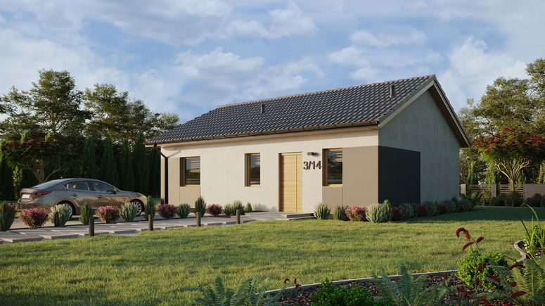 Projekt ERDOL 1 XL - Wersja lewa (salon po lewej stronie) - Dwuspadowy bez poddasza użytkowego – kąt nachylenia 25 stopni - Bez okien/świetlików dachowych - Okna standardowe - Styropian, siatka i klej - Winchester - Bez instalacji fotowoltaicznej