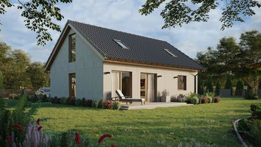 Projekt ERDOL 1 XL - Wersja prawa (salon po prawej stronie) - Dwuspadowy z poddaszem użytkowym – kąt nachylenia 35 stopni - Klatka schodowa - Dwa okna dachowe pokojowe - Okno balkonowe w jadalni i okna na poddaszu do podłogi - Bez styropianu, siatki i kleju - Winchester - Instalacja fotowoltaiczna 6,4 kWp (16 paneli)