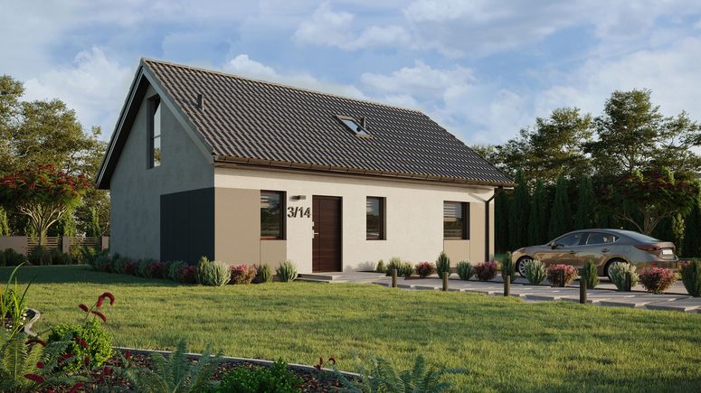 Projekt ERDOL 1 XL - Wersja prawa (salon po prawej stronie) - Dwuspadowy z poddaszem użytkowym – kąt nachylenia 35 stopni - Schody w salonie - Okno dachowe pokojowe i łazienkowe - Okna na poddaszu do podłogi - Styropian, siatka i klej - Orzech - Bez instalacji fotowoltaicznej