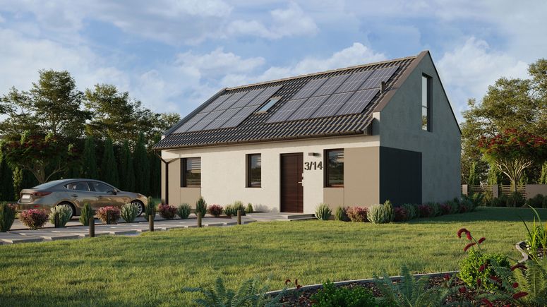 Projekt ERDOL 1 XL - Wersja lewa (salon po lewej stronie) - Dwuspadowy nowoczesny z poddaszem użytkowym – kąt nachylenia 35 stopni - Schody w salonie - Okno dachowe pokojowe i łazienkowe - Okno balkonowe w jadalni i okna na poddaszu do podłogi - Styropian, siatka i klej - Orzech - Instalacja fotowoltaiczna 6,4 kWp (16 paneli)