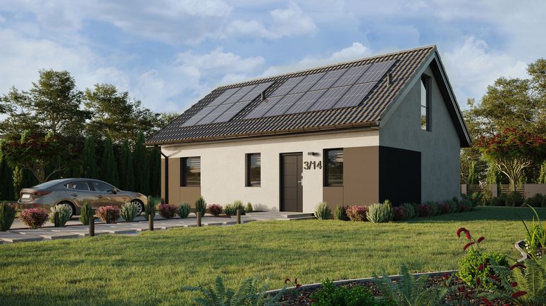 Projekt ERDOL 1 XL - Wersja lewa (salon po lewej stronie) - Dwuspadowy z poddaszem użytkowym – kąt nachylenia 35 stopni - Schody w salonie - Bez okien/świetlików dachowych - Okna na poddaszu do podłogi - Styropian, siatka i klej - Antracyt - Instalacja fotowoltaiczna 6,4 kWp (16 paneli)