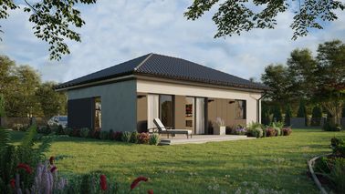 Projekt ERDOL 1 XL - Wersja prawa (salon po prawej stronie) - Czterospadowy bez poddasza użytkowego – kąt nachylenia 25 stopni - Bez okien/świetlików dachowych - Okno balkonowe w jadalni - Styropian, siatka i klej - Antracyt