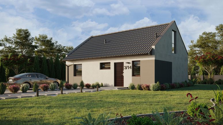 Projekt ERDOL 1 XL - Wersja lewa (salon po lewej stronie) - Dwuspadowy nowoczesny z poddaszem użytkowym – kąt nachylenia 35 stopni - Klatka schodowa - Bez okien/świetlików dachowych - Okno balkonowe w jadalni i okna na poddaszu do podłogi - Styropian, siatka i klej - Orzech - Bez instalacji fotowoltaicznej