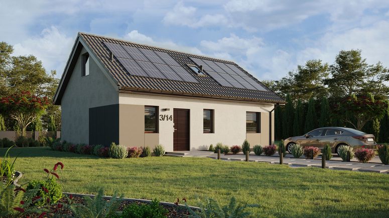 Projekt ERDOL 1 XL - Wersja prawa (salon po prawej stronie) - Dwuspadowy z poddaszem użytkowym – kąt nachylenia 35 stopni - Schody w salonie - Okno dachowe pokojowe i łazienkowe - Okna standardowe - Styropian, siatka i klej - Orzech - Instalacja fotowoltaiczna 6,4 kWp (16 paneli)