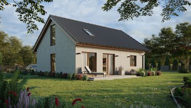 Projekt ERDOL 1 XL - Wersja prawa (salon po prawej stronie) - Dwuspadowy z poddaszem użytkowym – kąt nachylenia 35 stopni - Schody w salonie - Okno dachowe pokojowe i łazienkowe - Okno balkonowe w jadalni i okna na poddaszu do podłogi - Bez styropianu, siatki i kleju - Złoty dąb - Bez instalacji fotowoltaicznej