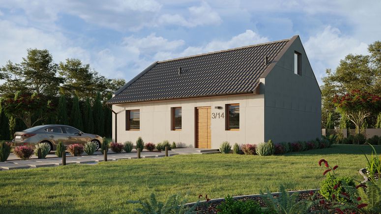 Projekt ERDOL 1 XL - Wersja lewa (salon po lewej stronie) - Dwuspadowy nowoczesny z poddaszem użytkowym – kąt nachylenia 35 stopni - Schody w salonie - Bez okien/świetlików dachowych - Okna standardowe - Bez styropianu, siatki i kleju - Złoty dąb - Bez instalacji fotowoltaicznej