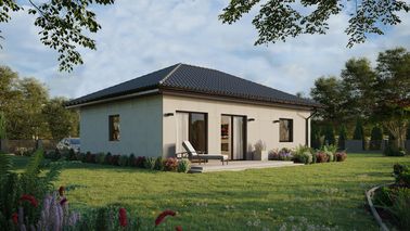 Projekt ERDOL 1 XL - Wersja prawa (salon po prawej stronie) - Czterospadowy bez poddasza użytkowego – kąt nachylenia 25 stopni - Bez okien/świetlików dachowych - Okna standardowe - Bez styropianu, siatki i kleju - Orzech