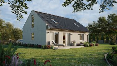 Projekt ERDOL 1 XL - Wersja prawa (salon po prawej stronie) - Dwuspadowy nowoczesny z poddaszem użytkowym – kąt nachylenia 35 stopni - Schody w salonie - Dwa okna dachowe pokojowe - Okna na poddaszu do podłogi - Bez styropianu, siatki i kleju - Biały - Bez instalacji fotowoltaicznej