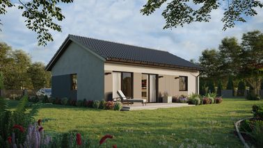 Projekt ERDOL 1 XL - Wersja prawa (salon po prawej stronie) - Dwuspadowy bez poddasza użytkowego – kąt nachylenia 25 stopni - Bez okien/świetlików dachowych - Okna standardowe - Styropian, siatka i klej - Orzech - Bez instalacji fotowoltaicznej