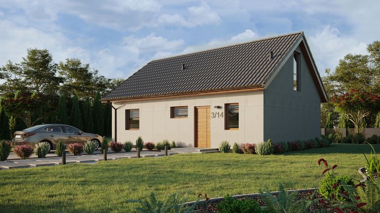 Projekt ERDOL 1 XL - Wersja lewa (salon po lewej stronie) - Dwuspadowy z poddaszem użytkowym – kąt nachylenia 35 stopni - Klatka schodowa - Bez okien/świetlików dachowych - Okno balkonowe w jadalni i okna na poddaszu do podłogi - Bez styropianu, siatki i kleju - Złoty dąb - Bez instalacji fotowoltaicznej