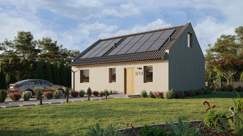 Projekt ERDOL 1 XL - Wersja lewa (salon po lewej stronie) - Dwuspadowy nowoczesny z poddaszem użytkowym – kąt nachylenia 35 stopni - Schody w salonie - Bez okien/świetlików dachowych - Okno balkonowe w jadalni - Bez styropianu, siatki i kleju - Winchester - Instalacja fotowoltaiczna 6,4 kWp (16 paneli)