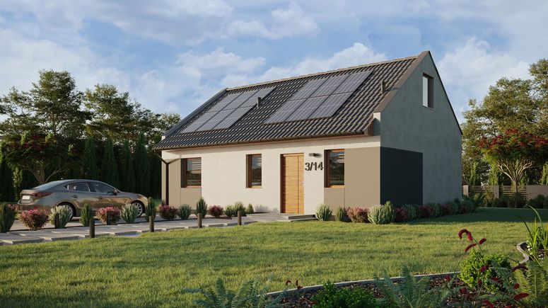 Projekt ERDOL 1 XL - Wersja lewa (salon po lewej stronie) - Dwuspadowy nowoczesny z poddaszem użytkowym – kąt nachylenia 35 stopni - Schody w salonie - Bez okien/świetlików dachowych - Okna standardowe - Styropian, siatka i klej - Złoty dąb - Instalacja fotowoltaiczna 4,8 kWp (12 paneli)