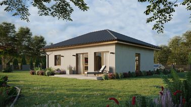 Projekt ERDOL 1 XL - Wersja lewa (salon po lewej stronie) - Czterospadowy bez poddasza użytkowego – kąt nachylenia 25 stopni - Świetlik dachowy - Okno balkonowe w jadalni - Bez styropianu, siatki i kleju - Winchester