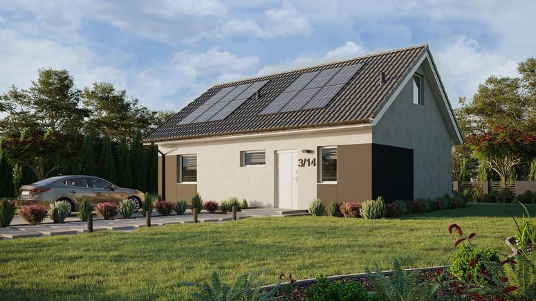 Projekt ERDOL 1 XL - Wersja lewa (salon po lewej stronie) - Dwuspadowy z poddaszem użytkowym – kąt nachylenia 35 stopni - Klatka schodowa - Bez okien/świetlików dachowych - Okna standardowe - Styropian, siatka i klej - Biały - Instalacja fotowoltaiczna 4,8 kWp (12 paneli)