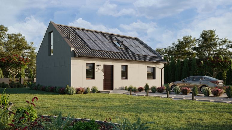 Projekt ERDOL 1 XL - Wersja prawa (salon po prawej stronie) - Dwuspadowy nowoczesny z poddaszem użytkowym – kąt nachylenia 35 stopni - Schody w salonie - Okno dachowe pokojowe i łazienkowe - Okna na poddaszu do podłogi - Bez styropianu, siatki i kleju - Orzech - Instalacja fotowoltaiczna 4,8 kWp (12 paneli)