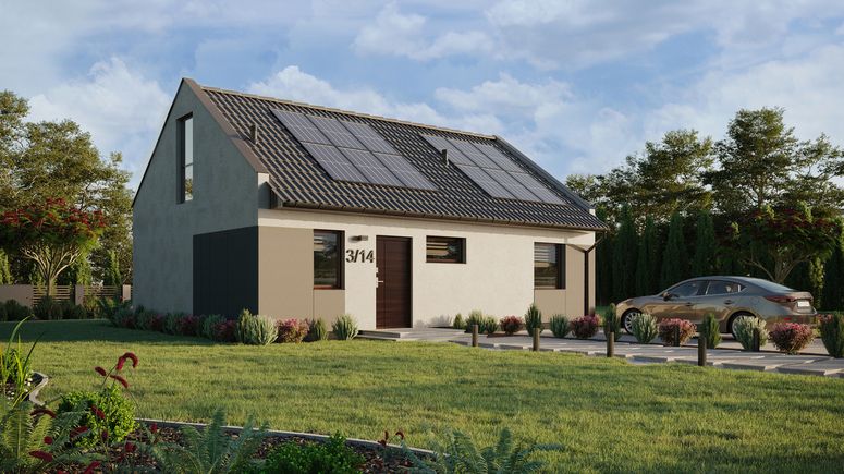 Projekt ERDOL 1 XL - Wersja prawa (salon po prawej stronie) - Dwuspadowy nowoczesny z poddaszem użytkowym – kąt nachylenia 35 stopni - Klatka schodowa - Bez okien/świetlików dachowych - Okno balkonowe w jadalni i okna na poddaszu do podłogi - Styropian, siatka i klej - Orzech - Instalacja fotowoltaiczna 4,8 kWp (12 paneli)