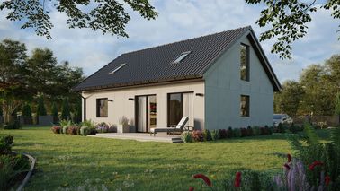 Projekt ERDOL 1 XL - Wersja lewa (salon po lewej stronie) - Dwuspadowy z poddaszem użytkowym – kąt nachylenia 35 stopni - Klatka schodowa - Dwa okna dachowe pokojowe - Okna na poddaszu do podłogi - Bez styropianu, siatki i kleju - Orzech - Bez instalacji fotowoltaicznej