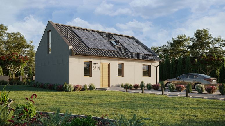 Projekt ERDOL 1 XL - Wersja prawa (salon po prawej stronie) - Dwuspadowy nowoczesny z poddaszem użytkowym – kąt nachylenia 35 stopni - Schody w salonie - Okno dachowe pokojowe i łazienkowe - Okno balkonowe w jadalni i okna na poddaszu do podłogi - Bez styropianu, siatki i kleju - Winchester - Instalacja fotowoltaiczna 4,8 kWp (12 paneli)