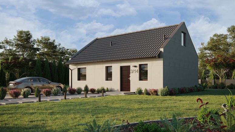 Projekt ERDOL 1 XL - Wersja lewa (salon po lewej stronie) - Dwuspadowy nowoczesny z poddaszem użytkowym – kąt nachylenia 35 stopni - Schody w salonie - Bez okien/świetlików dachowych - Okna standardowe - Bez styropianu, siatki i kleju - Orzech - Bez instalacji fotowoltaicznej