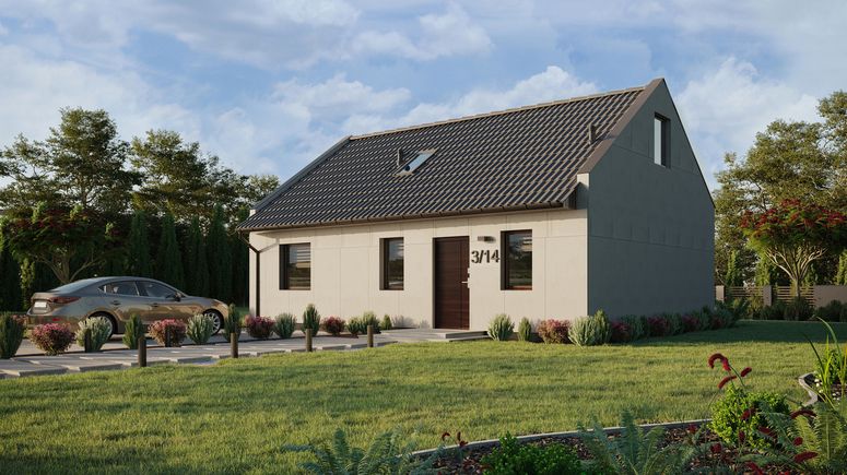 Projekt ERDOL 1 XL - Wersja lewa (salon po lewej stronie) - Dwuspadowy nowoczesny z poddaszem użytkowym – kąt nachylenia 35 stopni - Schody w salonie - Okno dachowe pokojowe i łazienkowe - Okna standardowe - Bez styropianu, siatki i kleju - Orzech - Bez instalacji fotowoltaicznej