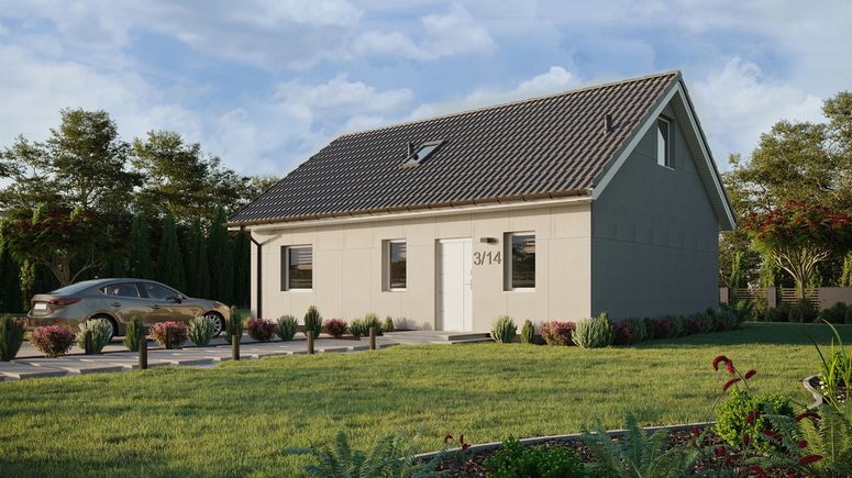 Projekt ERDOL 1 XL - Wersja lewa (salon po lewej stronie) - Dwuspadowy z poddaszem użytkowym – kąt nachylenia 35 stopni - Schody w salonie - Okno dachowe pokojowe i łazienkowe - Okna standardowe - Bez styropianu, siatki i kleju - Biały - Bez instalacji fotowoltaicznej