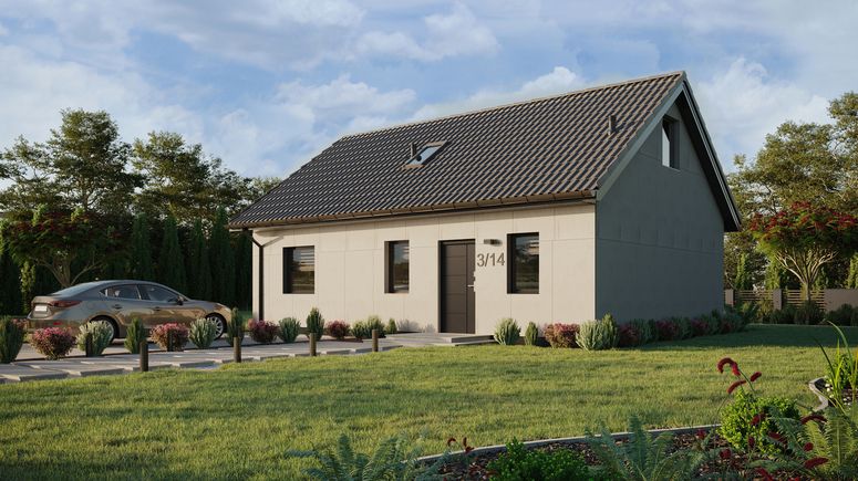 Projekt ERDOL 1 XL - Wersja lewa (salon po lewej stronie) - Dwuspadowy z poddaszem użytkowym – kąt nachylenia 35 stopni - Schody w salonie - Okno dachowe pokojowe i łazienkowe - Okna standardowe - Bez styropianu, siatki i kleju - Antracyt - Bez instalacji fotowoltaicznej