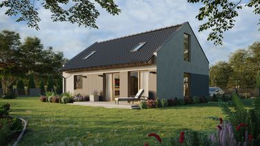 Projekt ERDOL 1 XL - Wersja lewa (salon po lewej stronie) - Dwuspadowy nowoczesny z poddaszem użytkowym – kąt nachylenia 35 stopni - Klatka schodowa - Dwa okna dachowe pokojowe - Okno balkonowe w jadalni i okna na poddaszu do podłogi - Styropian, siatka i klej - Winchester - Bez instalacji fotowoltaicznej