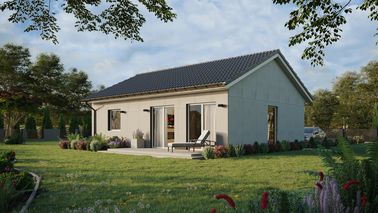 Projekt ERDOL 1 XL - Wersja lewa (salon po lewej stronie) - Dwuspadowy bez poddasza użytkowego – kąt nachylenia 25 stopni - Bez okien/świetlików dachowych - Okno balkonowe w jadalni - Bez styropianu, siatki i kleju - Biały - Bez instalacji fotowoltaicznej