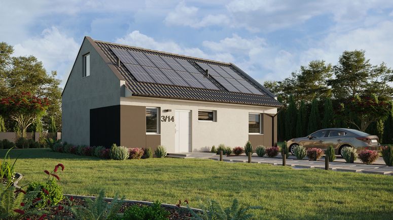 Projekt ERDOL 1 XL - Wersja prawa (salon po prawej stronie) - Dwuspadowy nowoczesny z poddaszem użytkowym – kąt nachylenia 35 stopni - Klatka schodowa - Bez okien/świetlików dachowych - Okna standardowe - Styropian, siatka i klej - Biały - Instalacja fotowoltaiczna 6,4 kWp (16 paneli)