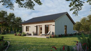 Projekt ERDOL 1 XL - Wersja lewa (salon po lewej stronie) - Dwuspadowy bez poddasza użytkowego – kąt nachylenia 25 stopni - Bez okien/świetlików dachowych - Okno balkonowe w jadalni - Bez styropianu, siatki i kleju - Złoty dąb - Bez instalacji fotowoltaicznej