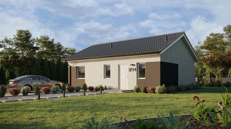 Projekt ERDOL 1 XL - Wersja lewa (salon po lewej stronie) - Dwuspadowy bez poddasza użytkowego – kąt nachylenia 25 stopni - Bez okien/świetlików dachowych - Okna standardowe - Styropian, siatka i klej - Biały - Bez instalacji fotowoltaicznej