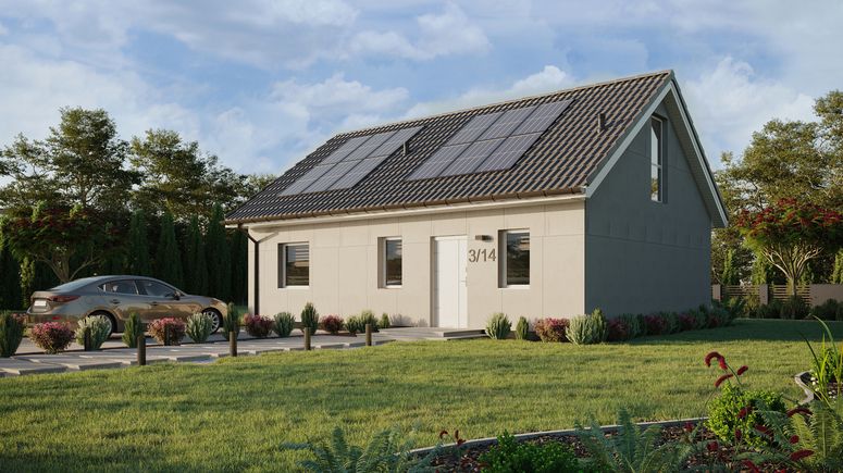 Projekt ERDOL 1 XL - Wersja lewa (salon po lewej stronie) - Dwuspadowy z poddaszem użytkowym – kąt nachylenia 35 stopni - Schody w salonie - Bez okien/świetlików dachowych - Okna na poddaszu do podłogi - Bez styropianu, siatki i kleju - Biały - Instalacja fotowoltaiczna 4,8 kWp (12 paneli)