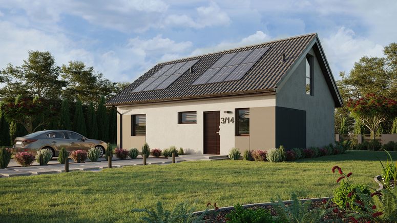 Projekt ERDOL 1 XL - Wersja lewa (salon po lewej stronie) - Dwuspadowy z poddaszem użytkowym – kąt nachylenia 35 stopni - Klatka schodowa - Okno dachowe pokojowe i łazienkowe - Okno balkonowe w jadalni i okna na poddaszu do podłogi - Styropian, siatka i klej - Orzech - Instalacja fotowoltaiczna 4,8 kWp (12 paneli)