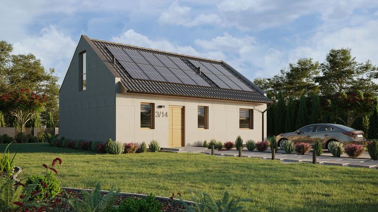 Projekt ERDOL 1 XL - Wersja prawa (salon po prawej stronie) - Dwuspadowy nowoczesny z poddaszem użytkowym – kąt nachylenia 35 stopni - Schody w salonie - Dwa okna dachowe pokojowe - Okna na poddaszu do podłogi - Bez styropianu, siatki i kleju - Winchester - Instalacja fotowoltaiczna 6,4 kWp (16 paneli)