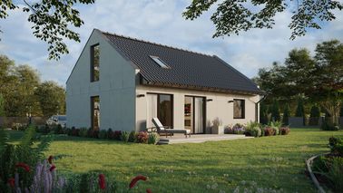 Projekt ERDOL 1 XL - Wersja prawa (salon po prawej stronie) - Dwuspadowy nowoczesny z poddaszem użytkowym – kąt nachylenia 35 stopni - Klatka schodowa - Okno dachowe pokojowe i łazienkowe - Okno balkonowe w jadalni i okna na poddaszu do podłogi - Bez styropianu, siatki i kleju - Orzech - Bez instalacji fotowoltaicznej