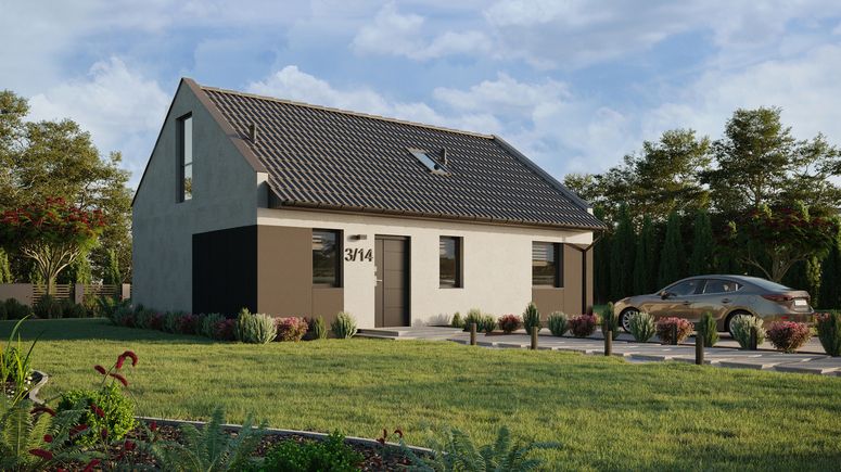 Projekt ERDOL 1 XL - Wersja prawa (salon po prawej stronie) - Dwuspadowy nowoczesny z poddaszem użytkowym – kąt nachylenia 35 stopni - Schody w salonie - Okno dachowe pokojowe i łazienkowe - Okno balkonowe w jadalni i okna na poddaszu do podłogi - Styropian, siatka i klej - Antracyt - Bez instalacji fotowoltaicznej