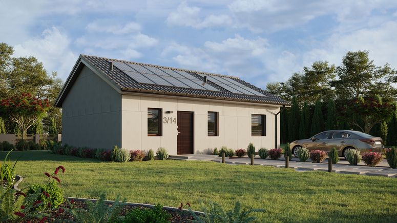 Projekt ERDOL 1 XL - Wersja prawa (salon po prawej stronie) - Dwuspadowy bez poddasza użytkowego – kąt nachylenia 25 stopni - Bez okien/świetlików dachowych - Okna standardowe - Bez styropianu, siatki i kleju - Orzech - Instalacja fotowoltaiczna 6,4 kWp (16 paneli)