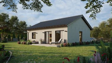 Projekt ERDOL 1 XL - Wersja lewa (salon po lewej stronie) - Dwuspadowy bez poddasza użytkowego – kąt nachylenia 25 stopni - Bez okien/świetlików dachowych - Okno balkonowe w jadalni - Bez styropianu, siatki i kleju - Orzech - Bez instalacji fotowoltaicznej