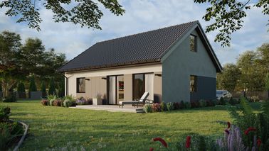 Projekt ERDOL 1 XL - Wersja lewa (salon po lewej stronie) - Dwuspadowy z poddaszem użytkowym – kąt nachylenia 35 stopni - Klatka schodowa - Bez okien/świetlików dachowych - Okna standardowe - Styropian, siatka i klej - Orzech - Bez instalacji fotowoltaicznej