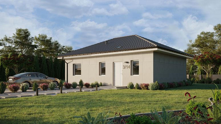 Projekt ERDOL 1 XL - Wersja lewa (salon po lewej stronie) - Czterospadowy bez poddasza użytkowego – kąt nachylenia 25 stopni - Świetlik dachowy - Okna standardowe - Bez styropianu, siatki i kleju - Biały